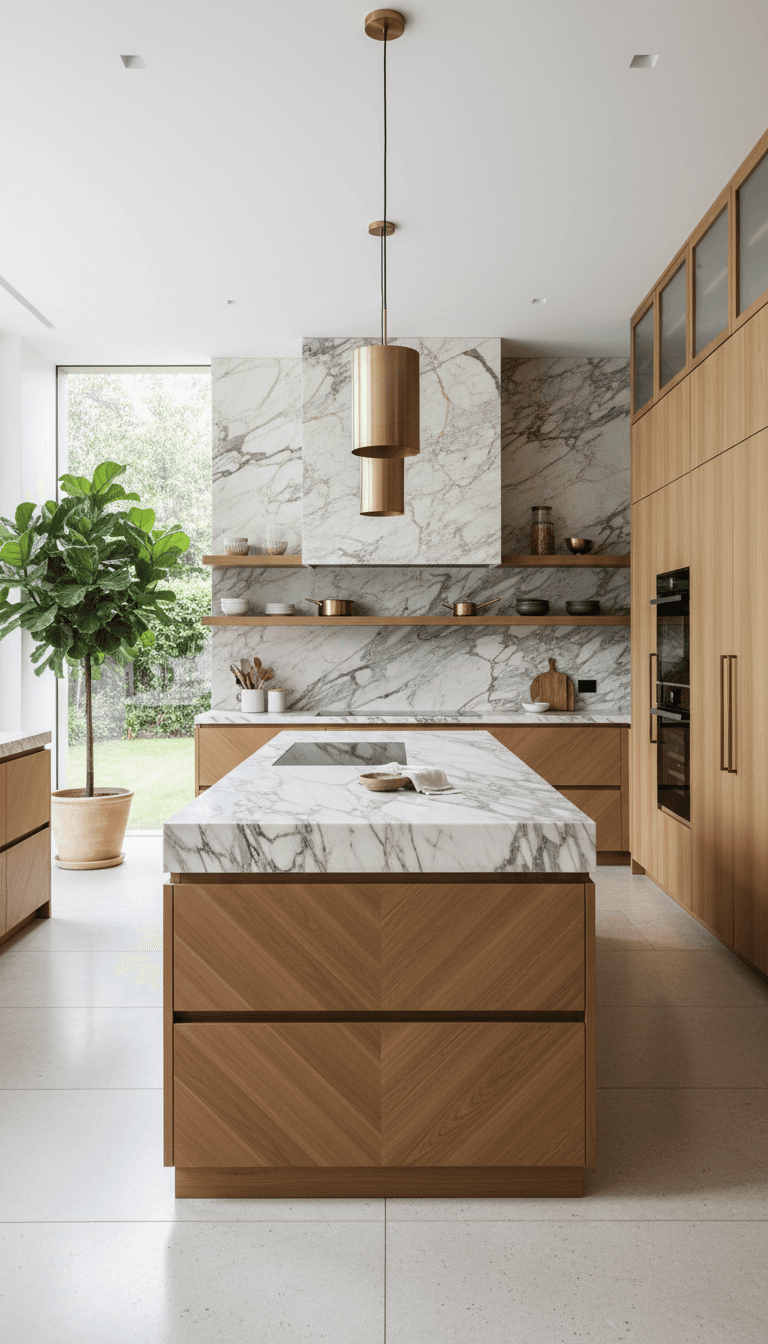 Custom kitchen with stone benchtop and timber cabinetry