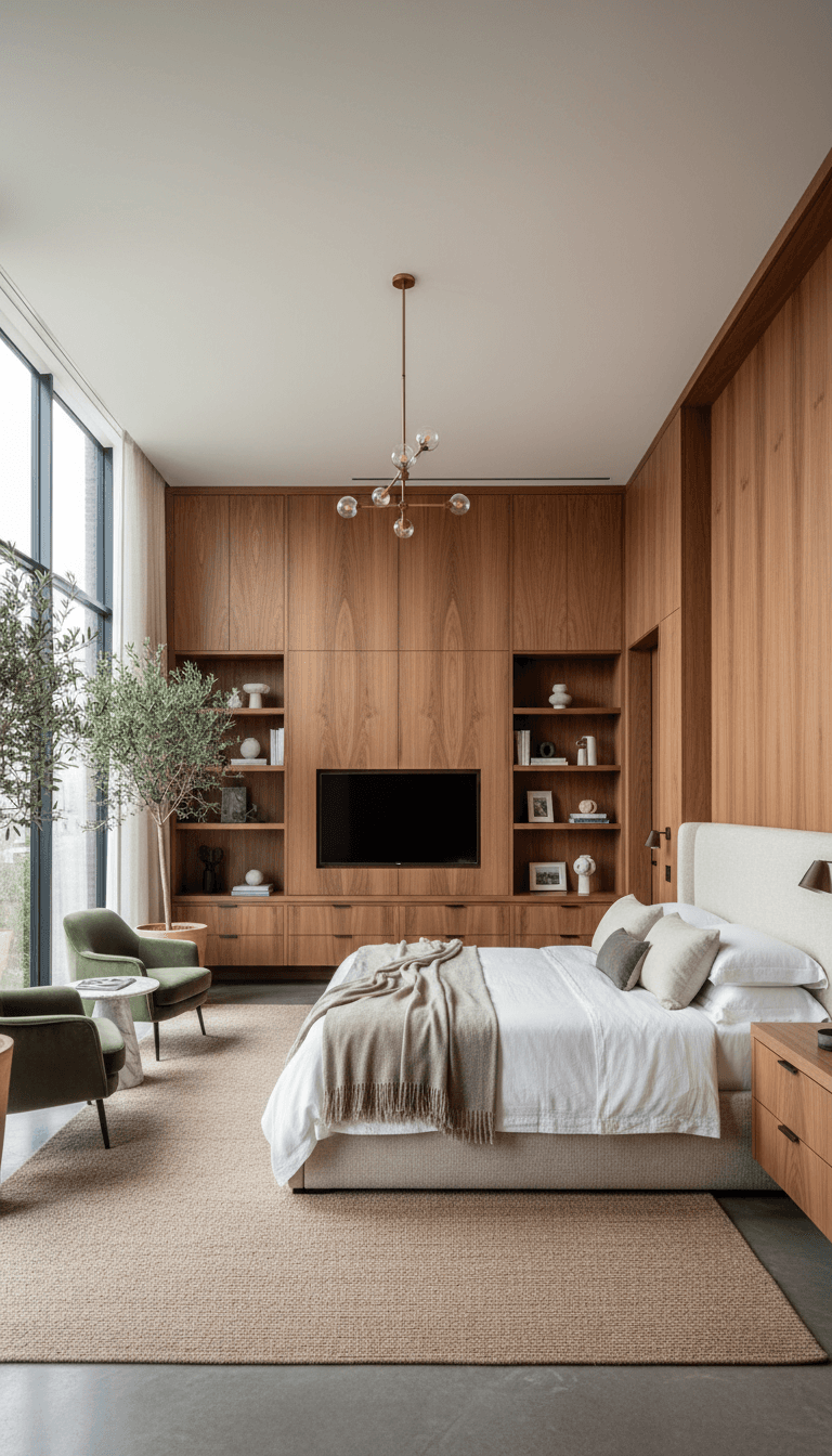 Master bedroom with custom built in joinery