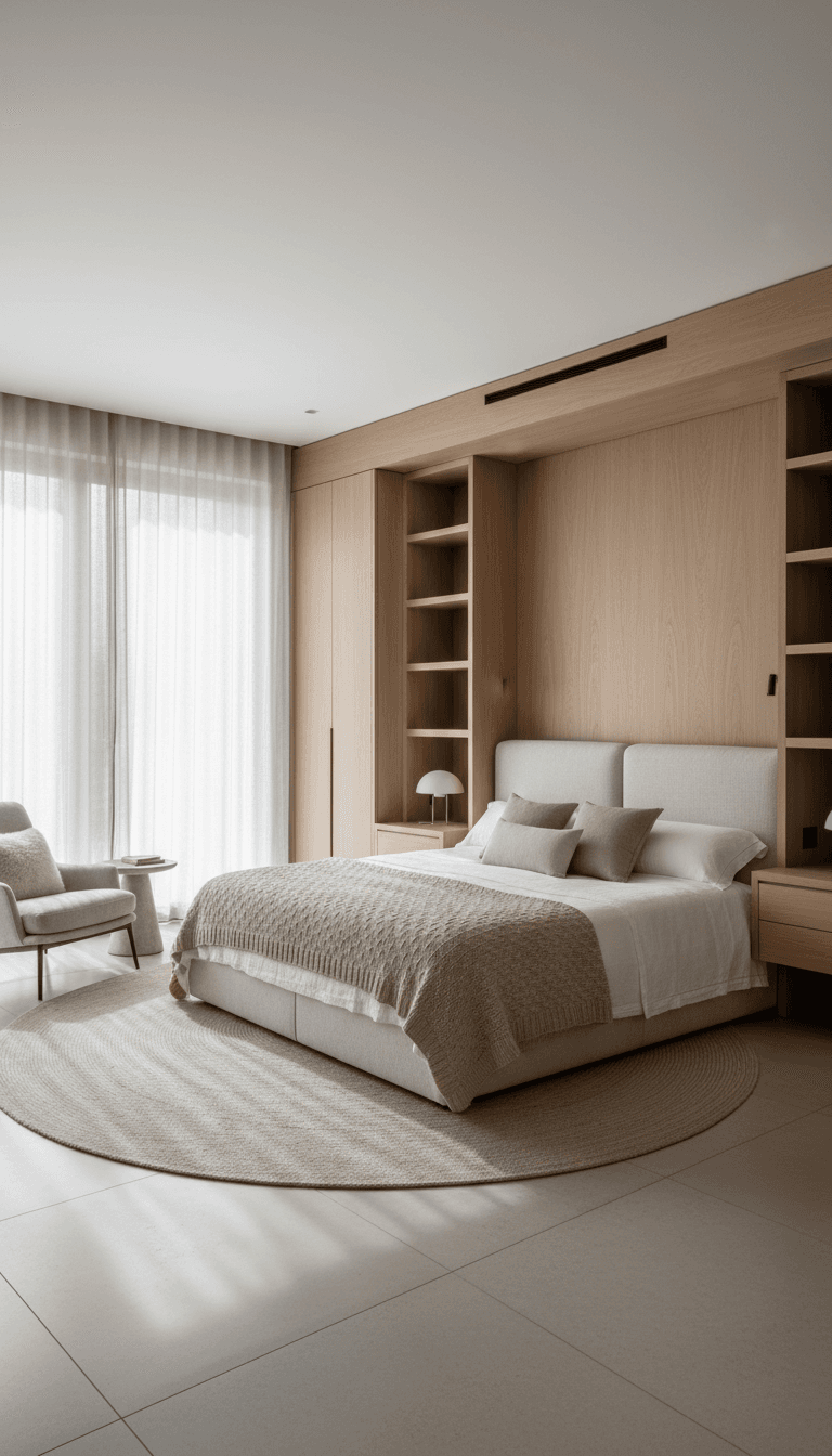 Luxurious master bedroom featuring custom-built joinery and elegant decor