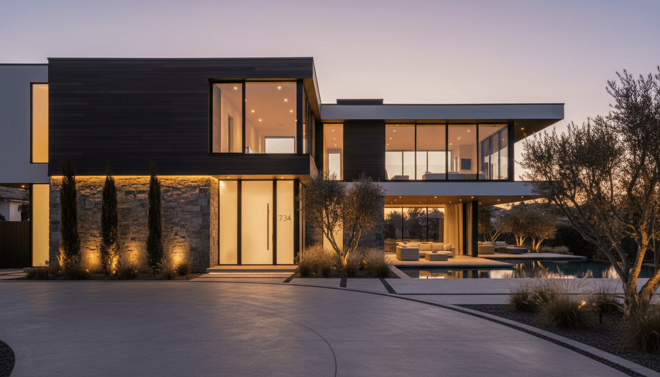 Modern luxury home exterior with architectural details and warm evening lighting
