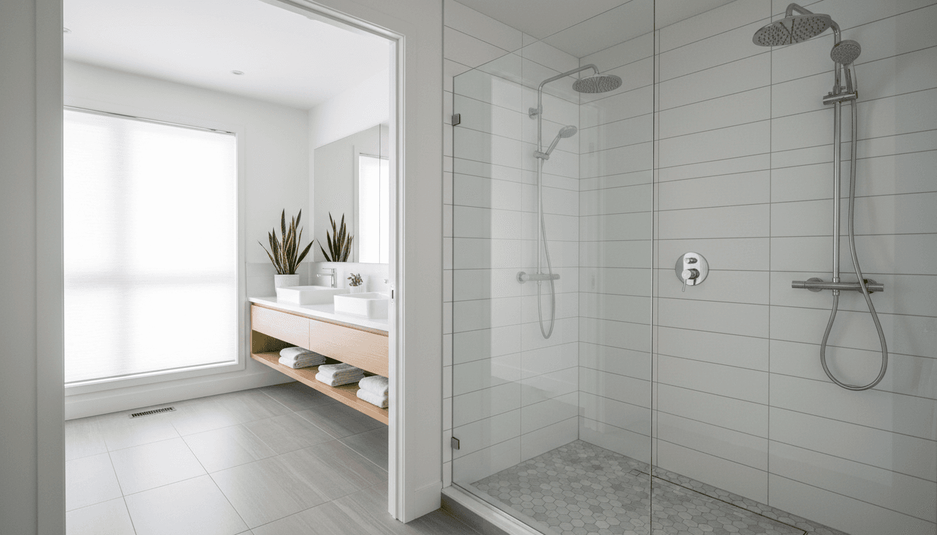 Master bathroom with freestanding tub, natural stone tiles, and minimal fixtures