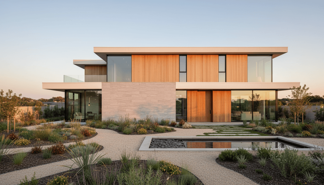 Modern home exterior with stone facade and landscaped entrance