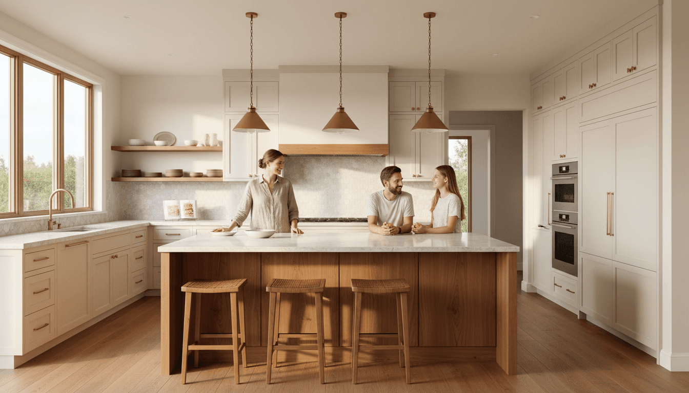 Kitchen interior with marble benchtops, pendant lights, and hand-finished joinery