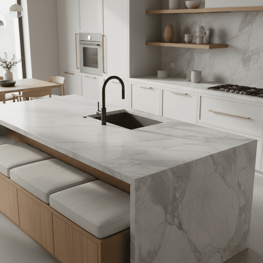Luxury kitchen with marble island and brass hardware