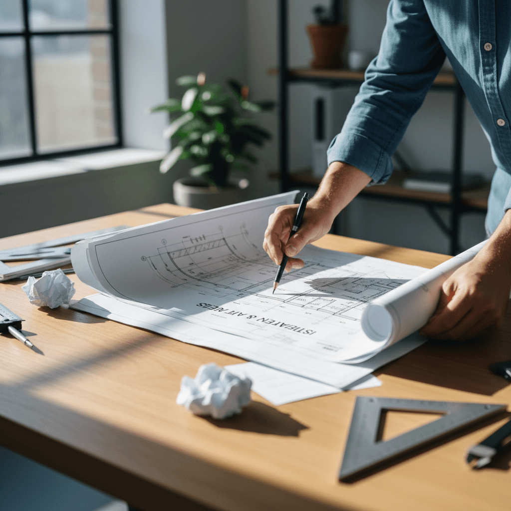 Builder and client reviewing blueprints together