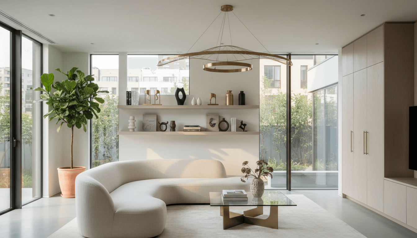Modern home interior with exposed timber ceiling and sunlight streaming through large window