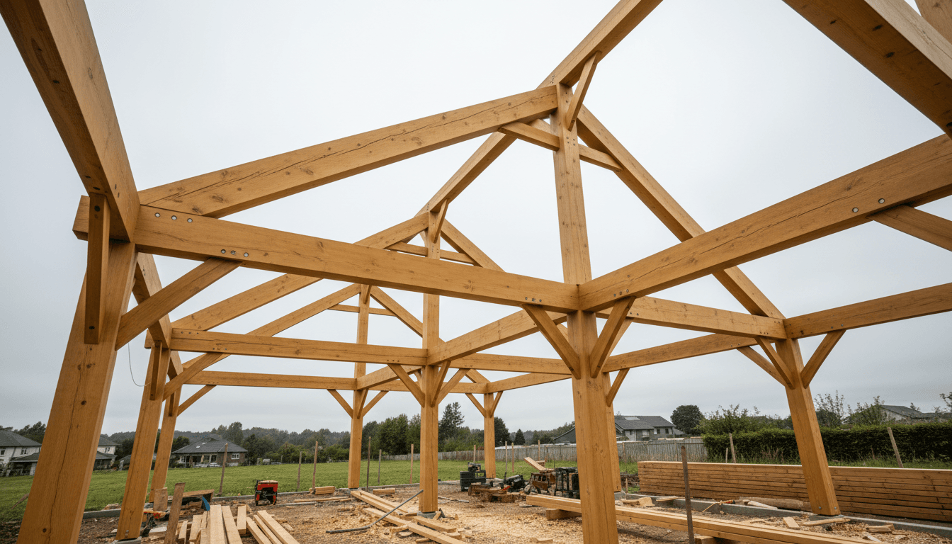 Custom home under construction showing timber framing and natural light