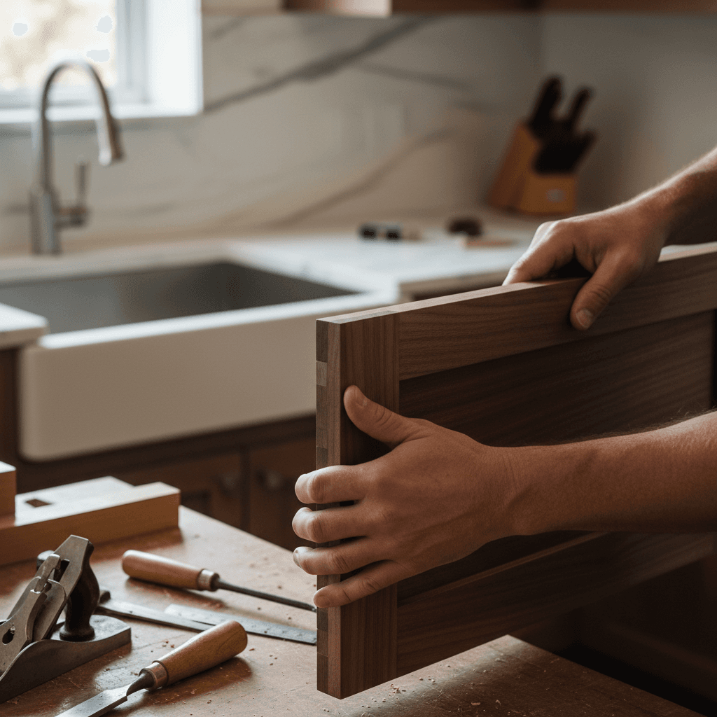 Builder inspecting fine joinery