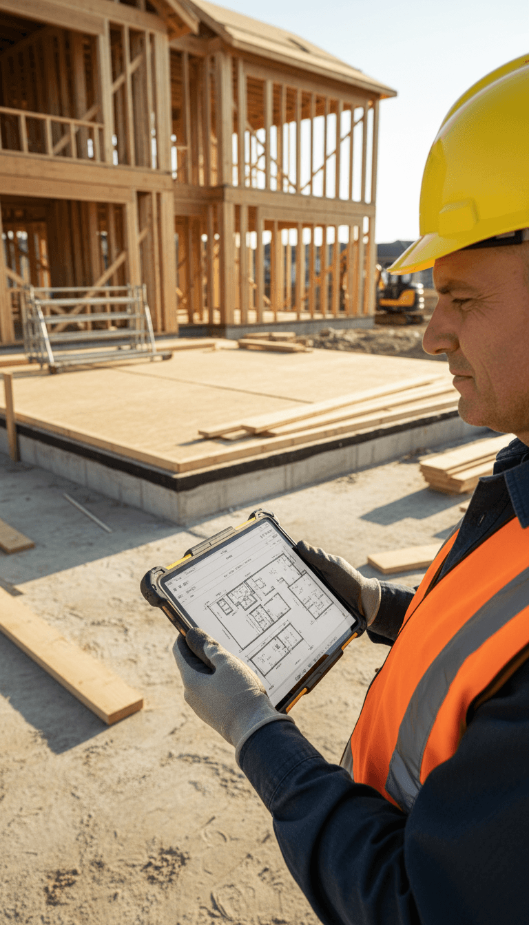 Builder and homeowner reviewing architectural plans together on-site during construction