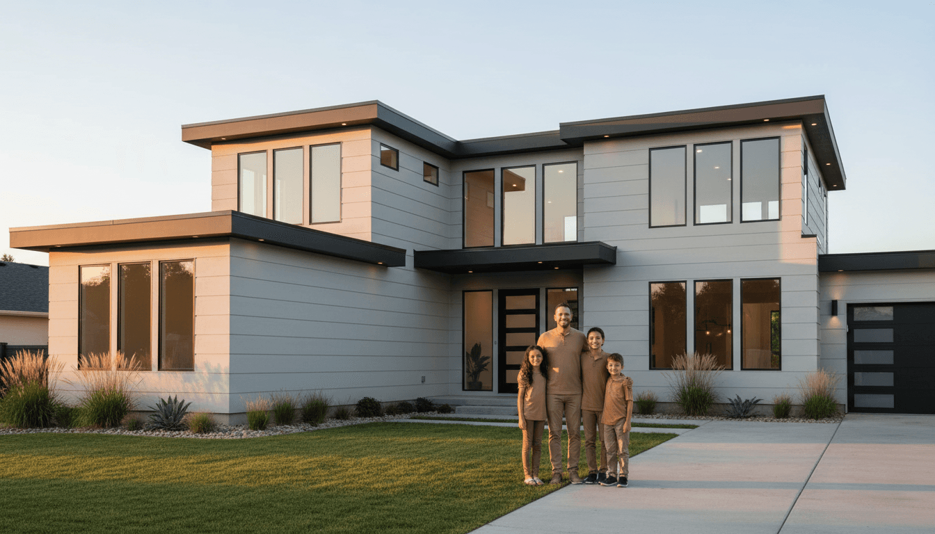 A custom-built modern home exterior in Sydney with stone cladding and established garden